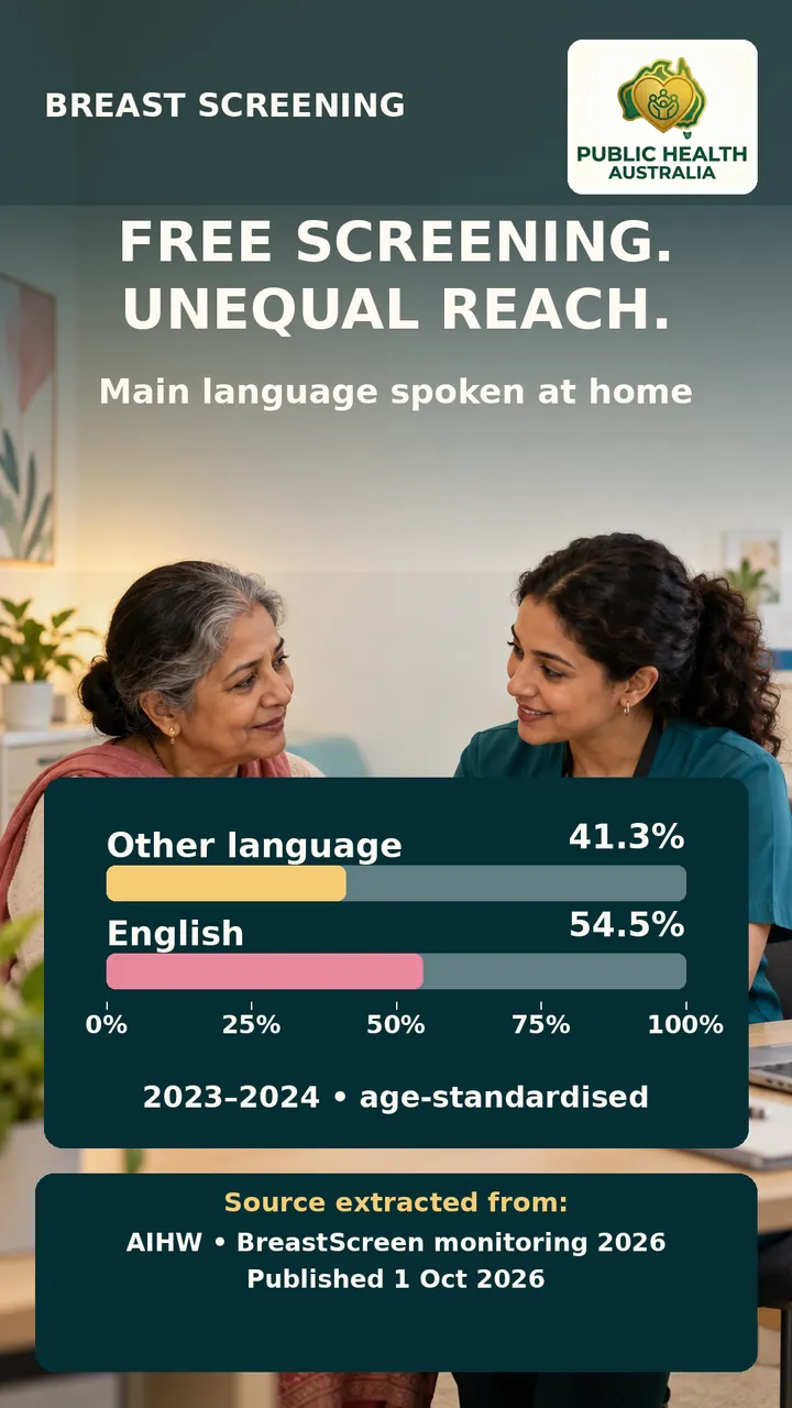 Bar chart of age-standardised participation in 2023-2024 by main language spoken at home: 41.3% other language, 54.5% English.